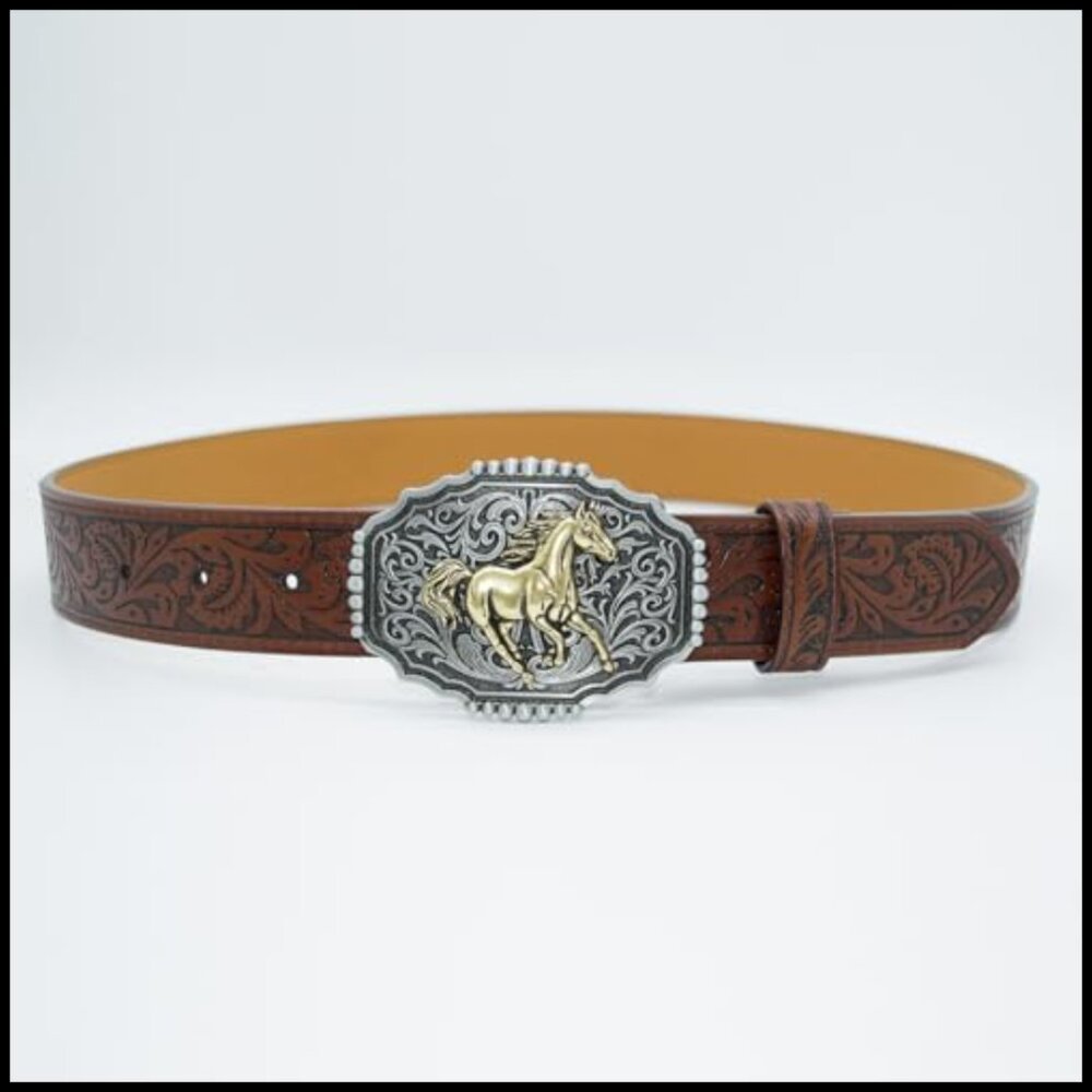 Western PU Leather Belt Floral Embossed Vintage Buckle Cowgirl Cowboy Style - Picture 4 of 7